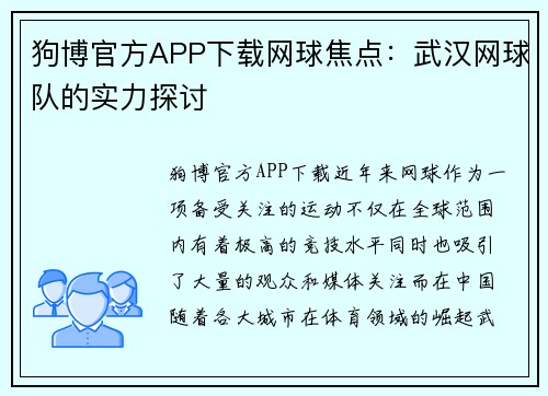 狗博官方APP下载网球焦点：武汉网球队的实力探讨